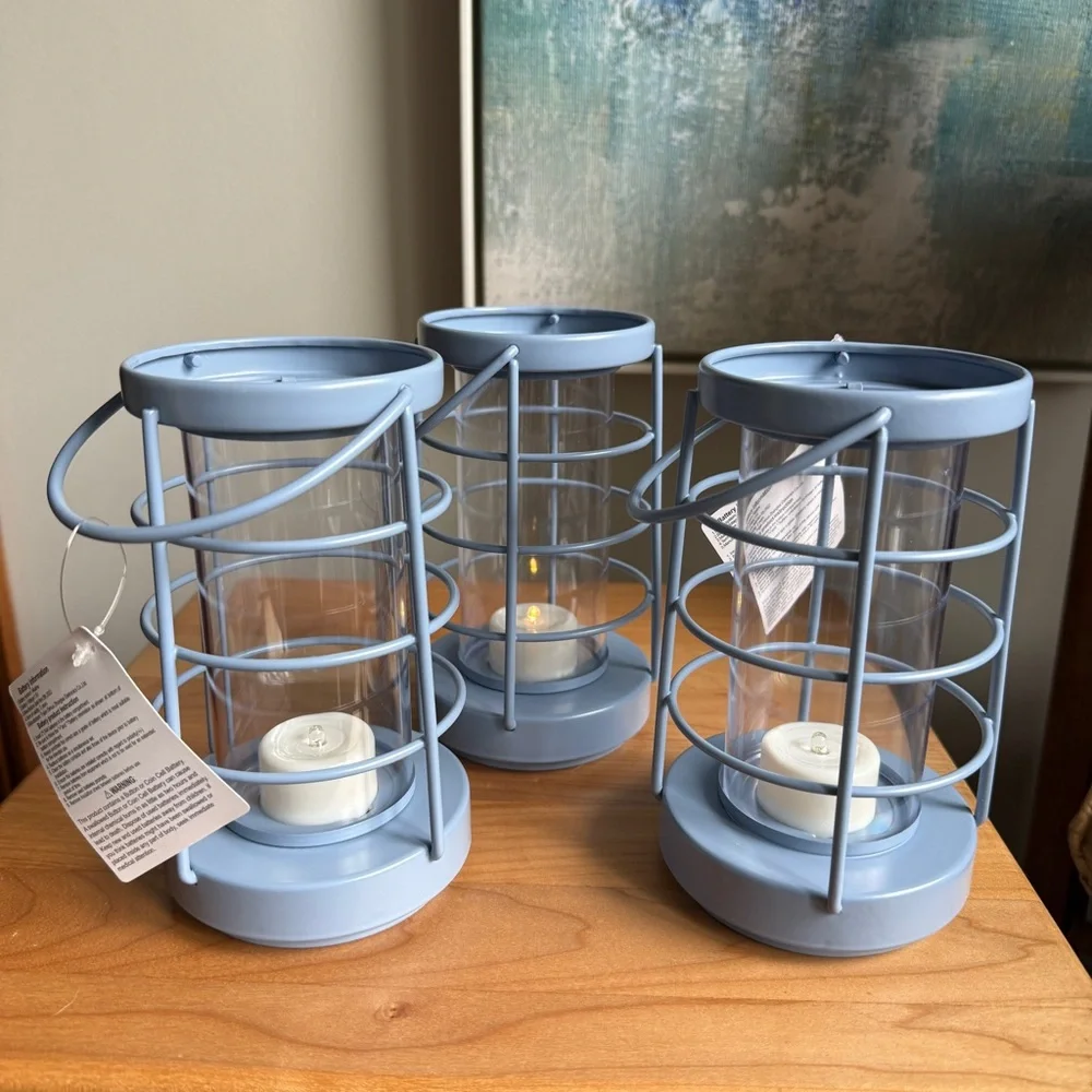 NWT Set of 3 Target Bullseye Playground Nautical Metal Coastal Blue Lanterns